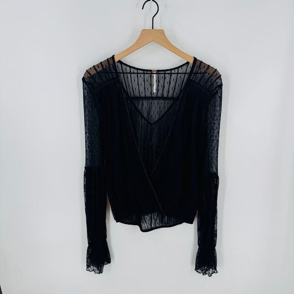 Free People Black Sheer Swiss Dot Lace Blouse Size Small Boho Romantic - Picture 1 of 7